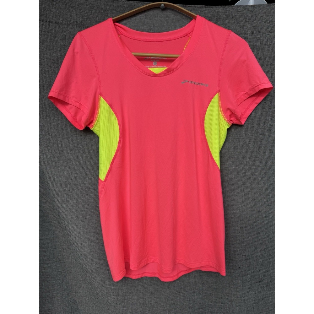 Brooks Womens Small Short Sleeve Running Shirt Pink Neon Yellow Equilibrium Tech